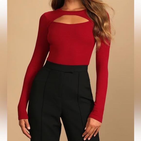 Lulus Tops - Flirty Little Secret Wine Red Ribbed Cutout Long Sleeve Top